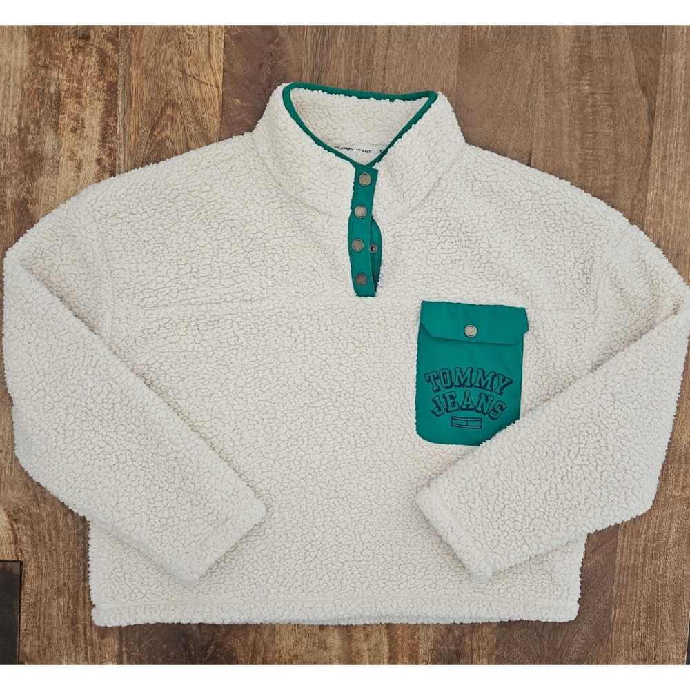 Tommy Jeans Sherpa Sweater Womens XL Hilfiger Logo Pocket Quarter Snap Fleece